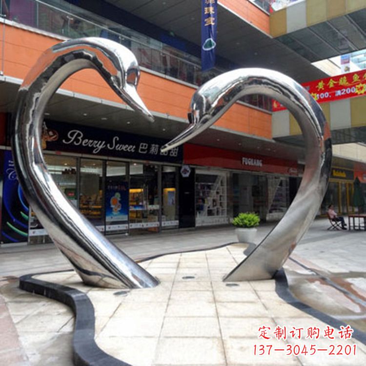 宁德不锈钢爱心天鹅情侣雕塑——抽象动物景观的精美礼赞