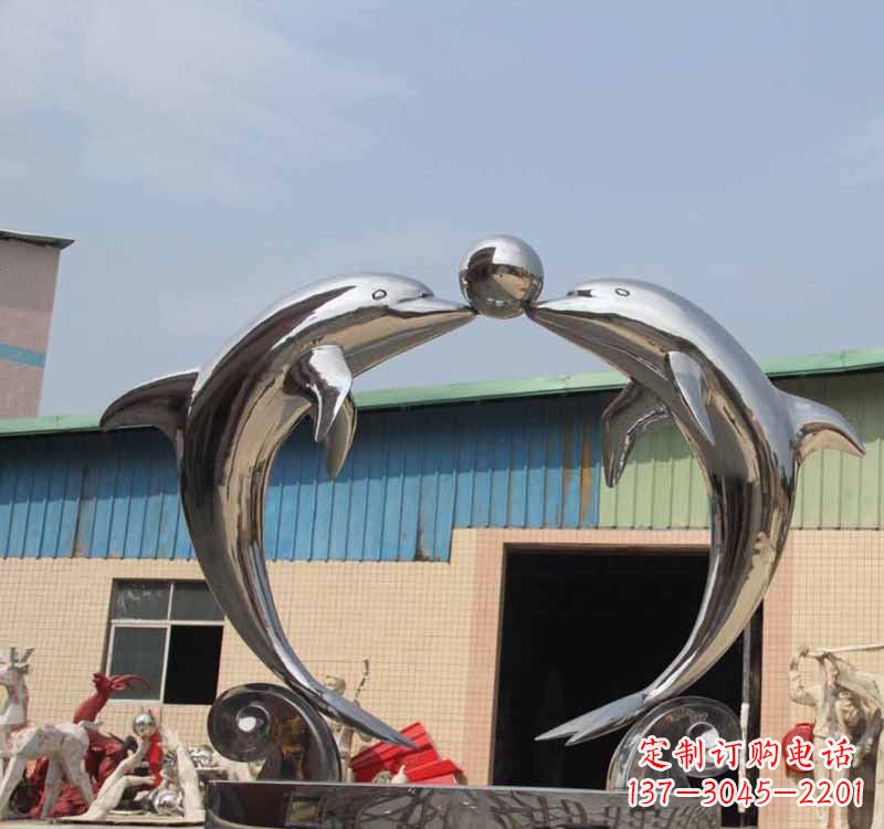 宁德海豚之恋——不锈钢公园镜面海豚顶球雕塑