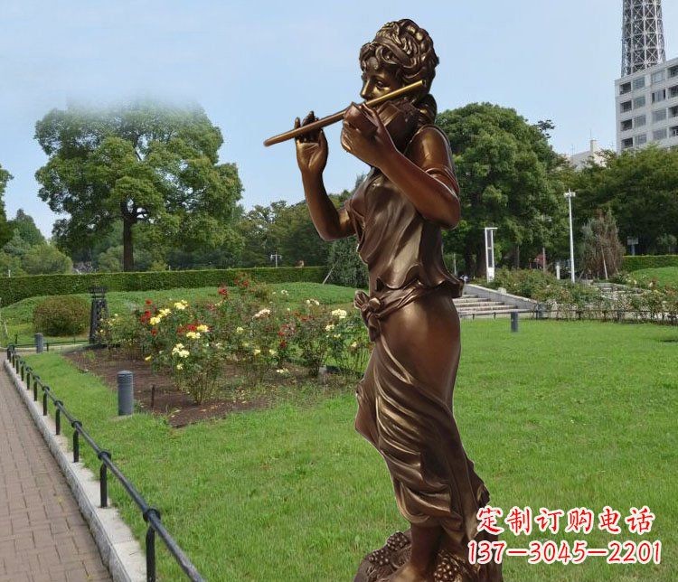 宁德吹笛子的美女城市花园景观玻璃钢仿铜雕塑