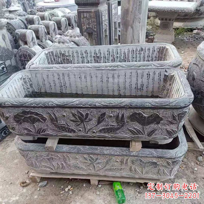 宁德方形石槽雕塑,打造完美家庭养鱼石缸
