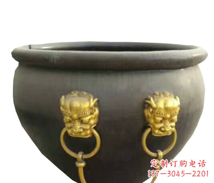 宁德传统工艺鎏金狮子头水缸铜雕塑