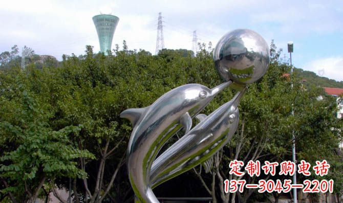 宁德高贵静谧的不锈钢海豚顶球雕塑