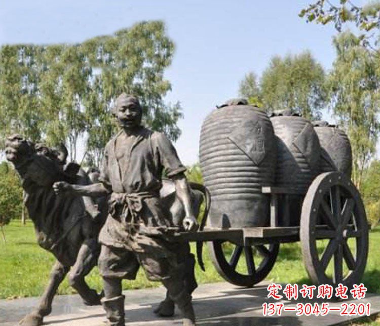 宁德公园驾着牛车拉酒缸的古代人物小品铜雕