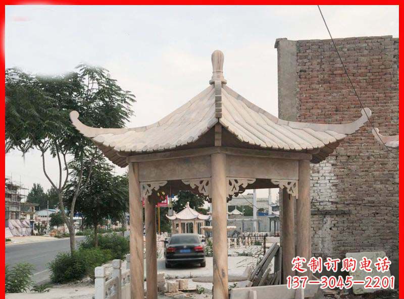 宁德公园晚霞红六角石凉亭雕塑