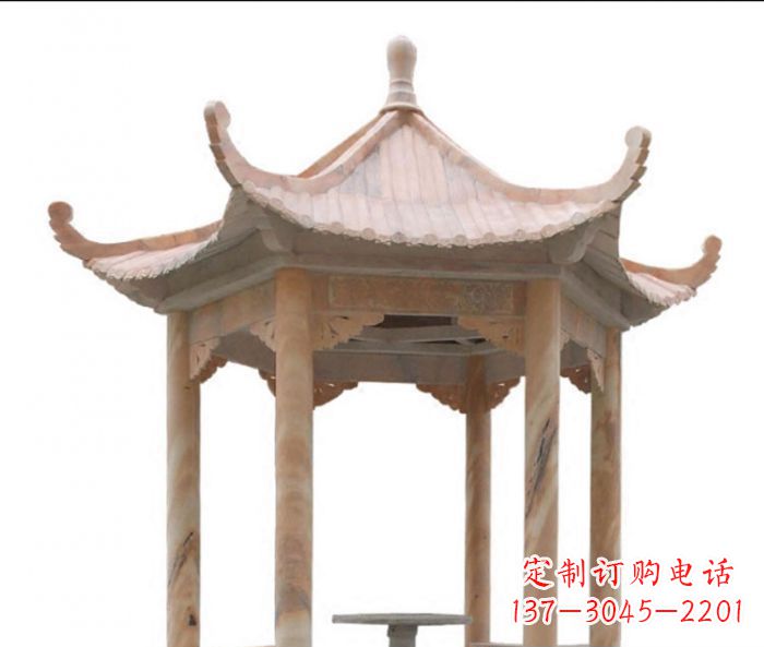 宁德美丽而优雅的公园晚霞红六角石凉亭雕塑