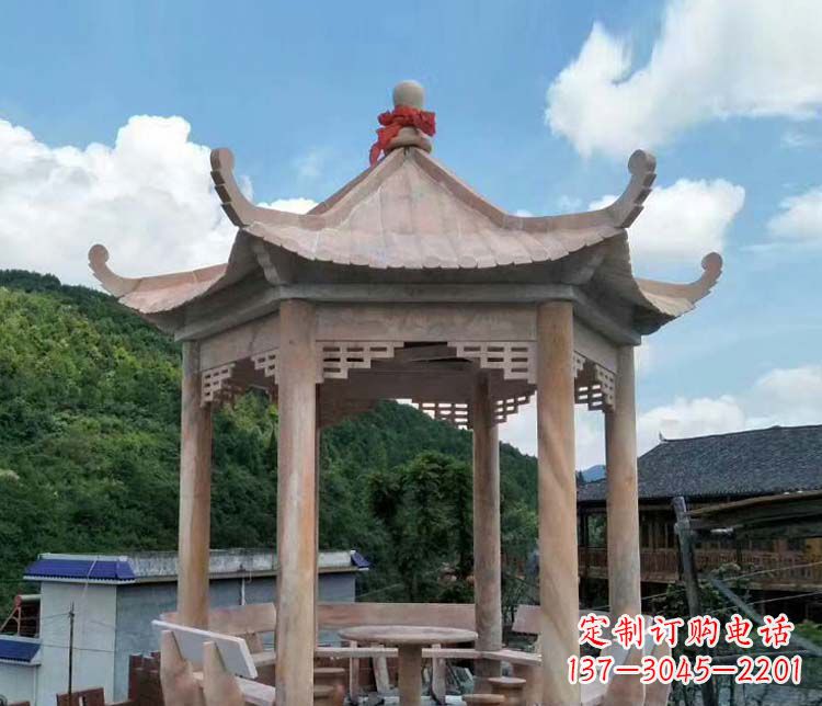 宁德一流的公园晚霞红六角石雕凉亭