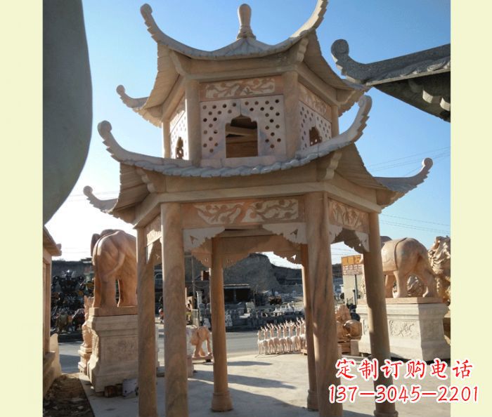 宁德公园晚霞红六角双层中式石雕凉亭