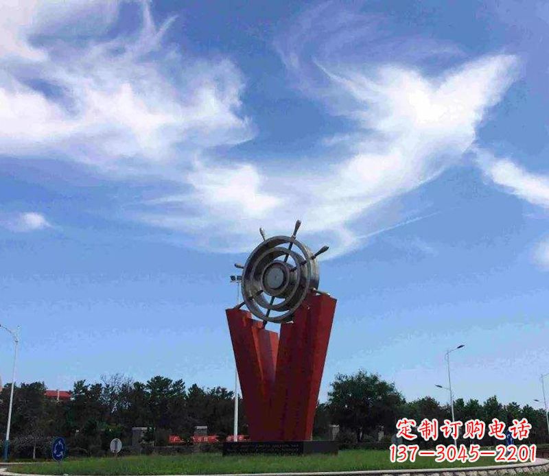宁德海上风情,精致大气的不锈钢船舵雕塑