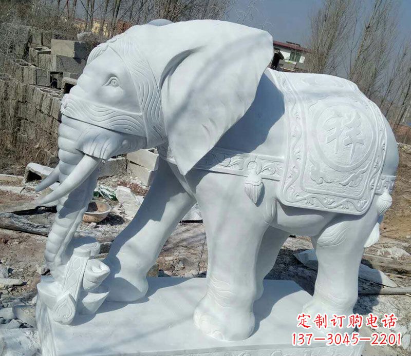 宁德汉白玉吉祥门口鼻卷如意大象石雕