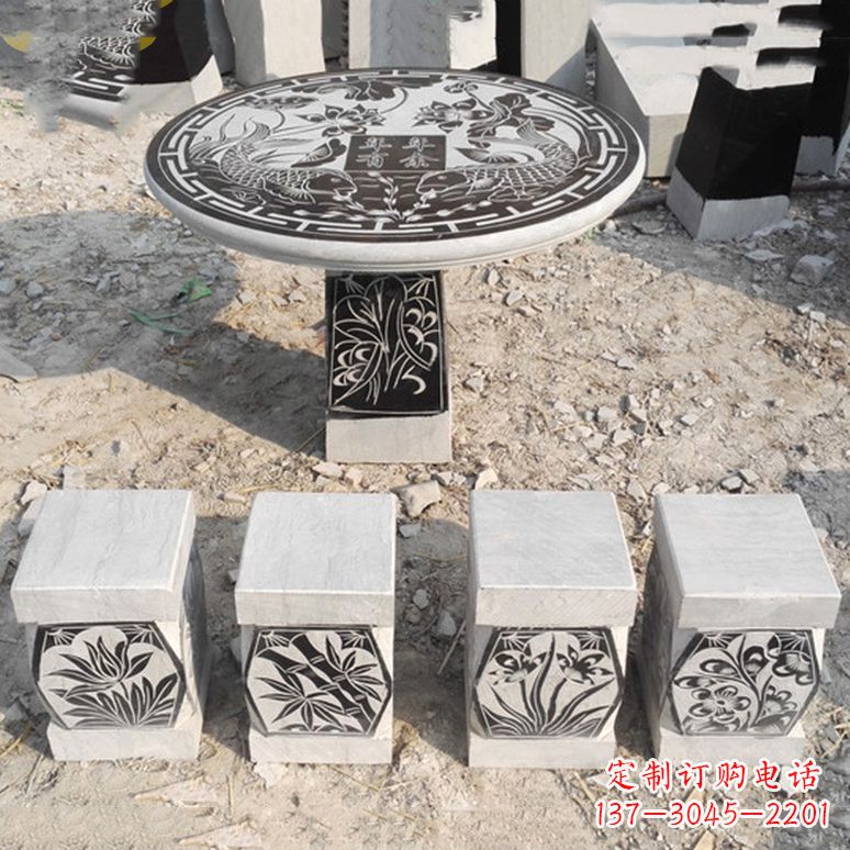 宁德梅兰竹菊仿古方石桌凳雕塑,古朴典雅