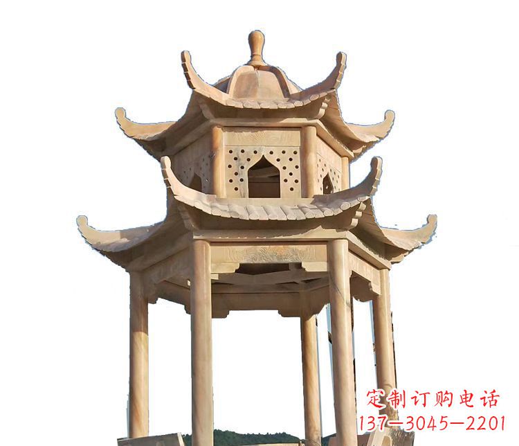 宁德双层晚霞红凉亭石雕 (2)