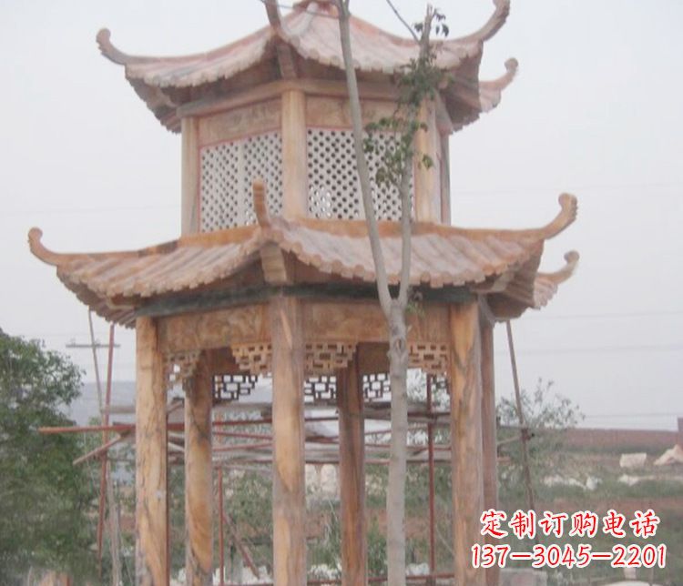 宁德双层晚霞红石凉亭石雕 (2)