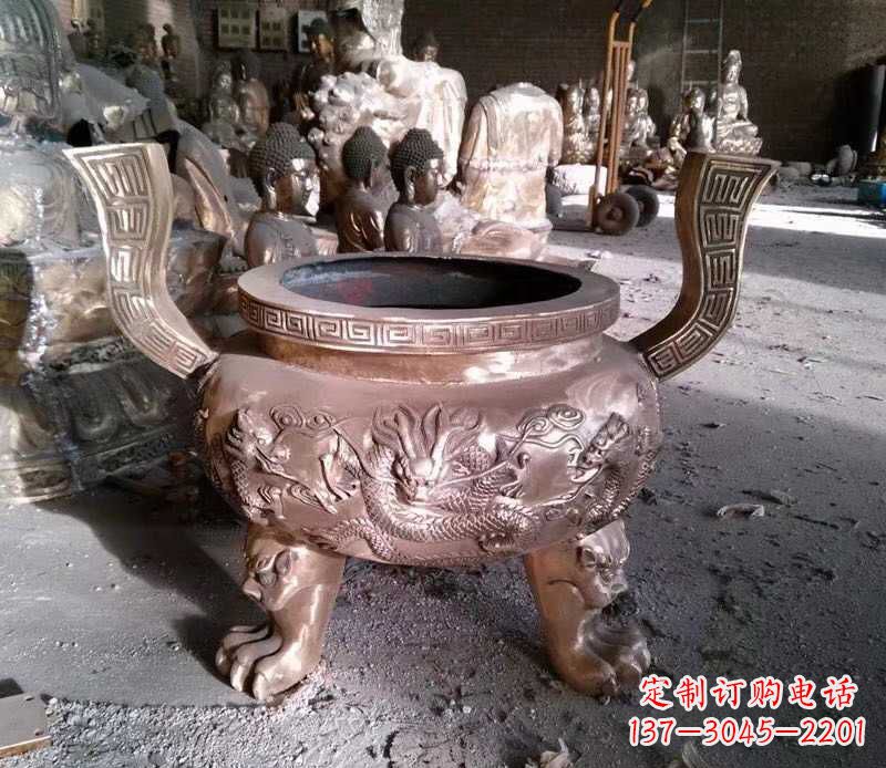 宁德寺庙龙浮雕圆铜雕香炉