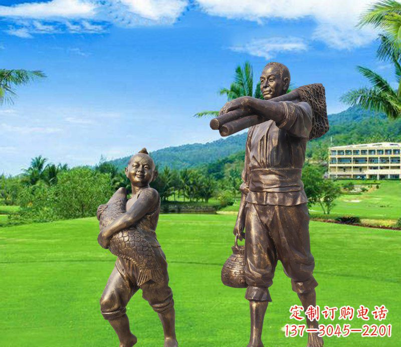 宁德铜雕渔民父子人物雕塑