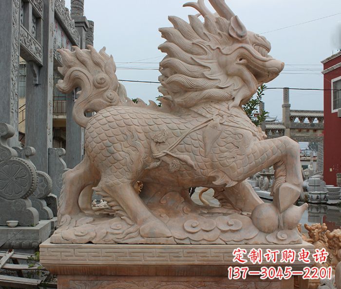 宁德晚霞红古代神兽麒麟石雕