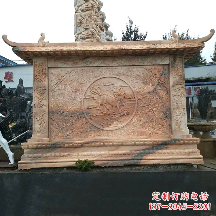 宁德晚霞红麒麟影壁墙石雕