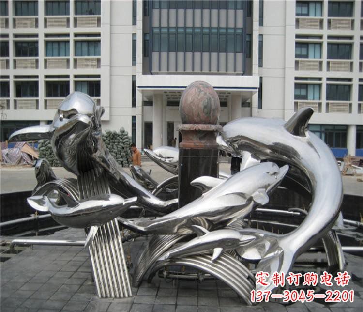 宁德校园不锈钢海豚海浪雕塑