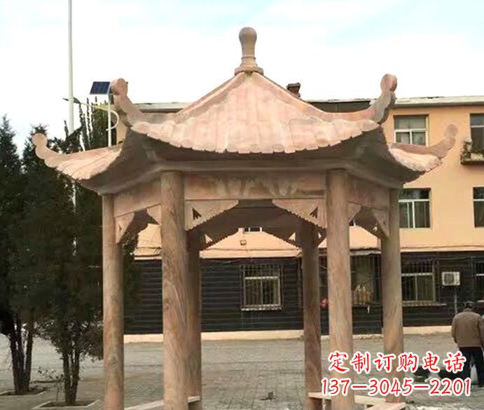 宁德园林晚霞红六角石雕凉亭