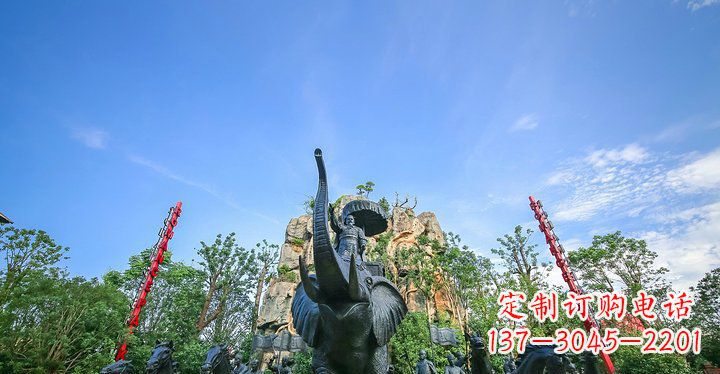 宁德园林站在大象上出征的将军人物小品铜雕